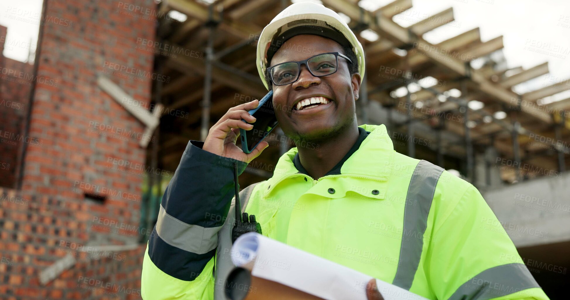 Buy stock photo Architect, happy and man with phone call for construction, confirm progress or project update. Architecture, black person and blueprint with mobile talk for building reporting, feedback and site chat