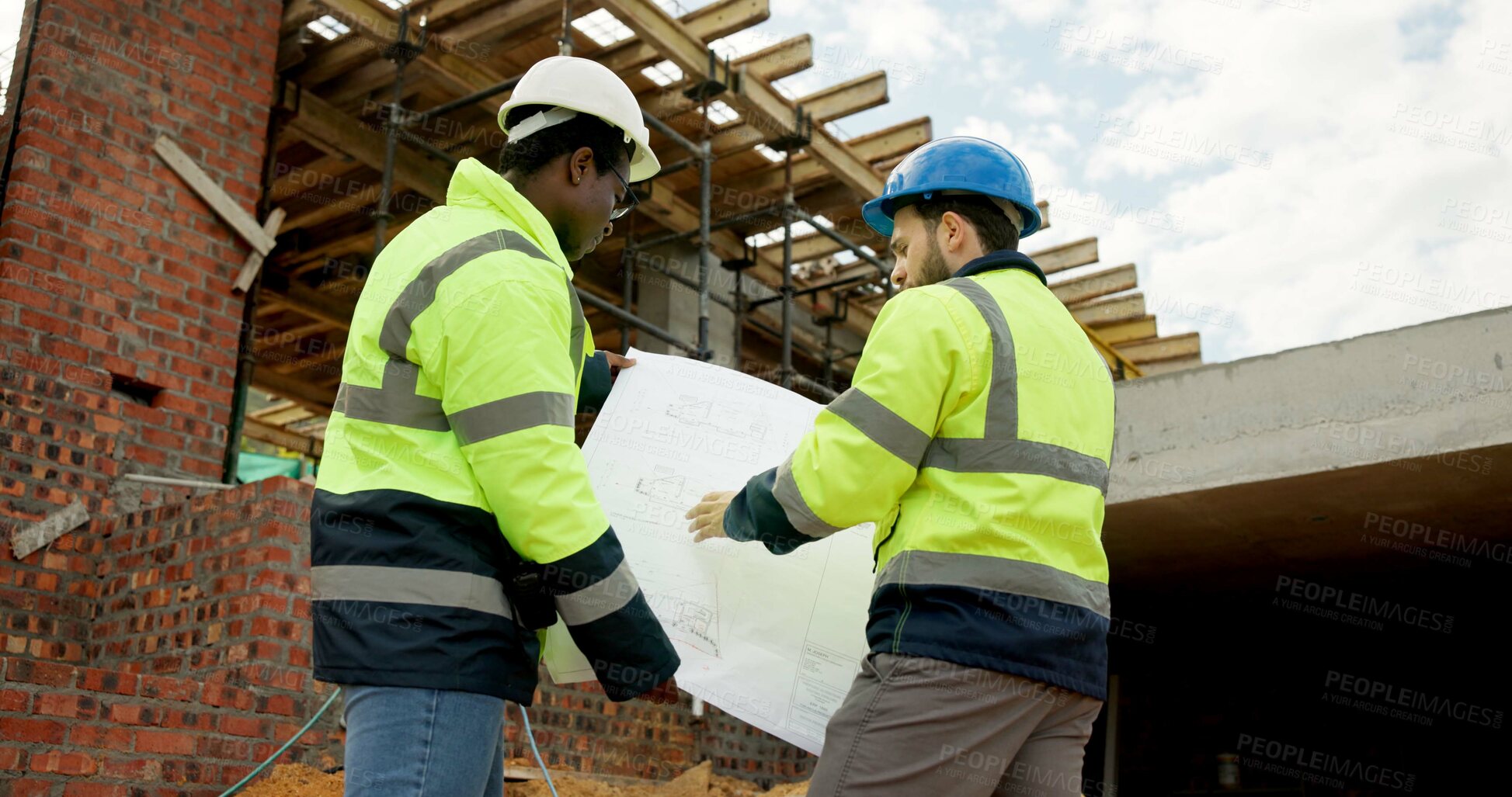 Buy stock photo People, engineer and reading at site with blueprint, document and planning for architecture. Men, meeting or team outdoor with paperwork, inspection and construction feedback for building development