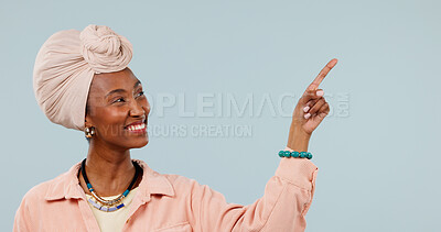 Buy stock photo Studio, promotion and woman with smile, pointing and advertising options for discount deal or offer. White background, space and black person with recommendation, happy and presentation with gesture