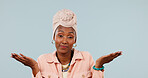Confused, hands and portrait of black woman in studio for retail option, shopping budget plan and decision. Scale, mockup space and balance with person on blue background for discount code comparison
