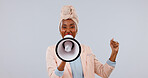 Happy, megaphone and portrait with black woman in studio for announcement on a white background. Female person, user or speaker with loud bullhorn for audio message, broadcast or awareness campaign