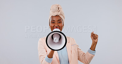 Buy stock photo Happy, megaphone and portrait with black woman in studio for announcement on a white background. Female person, speaker or empowerment with bullhorn for audio message, broadcast or awareness campaign