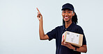 Pointing, portrait and woman in studio for shipping, delivery and info space for courier service. Mockup, happy and African person with box for ecommerce, logistics or advertising on white background