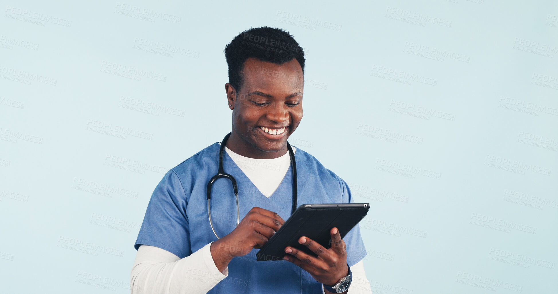 Buy stock photo Nurse, tablet and black man in studio for medical research or schedule on a blue background. Happy, male person or healthcare worker with smile or technology for Telehealth app or health report
