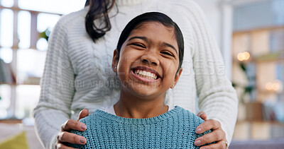 Buy stock photo Portrait, girl and pride with mother for love, connection and security with smile in home. Safety, happy daughter and mom with embrace for bonding together, family support and kid with single parent