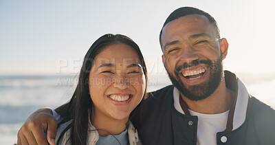 Buy stock photo Love, laugh and couple outdoor with portrait, trust and hug together on summer vacation. Man, woman and bonding with partner in nature for happiness, interracial relationship or commitment on holiday