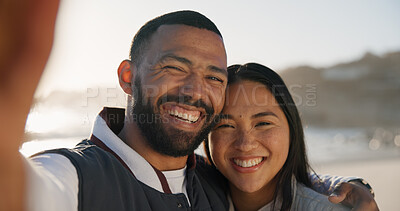 Buy stock photo Portrait, selfie and couple hug at beach for bonding on holiday, vacation and memory together. Happy, ocean and man embrace woman with pov for social media, picture and connection for love on weekend