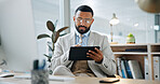 Finance, businessman and research in office with tablet, reading email and browsing for audit report. Accountant, person and review financial statement in firm with digital tech, glasses and website.