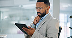 Confused, businessman and thinking in office with tablet, finance mistake or error on audit report. Accountant, person and doubt in workplace with digital tech, glasses or wrong financial accounting.