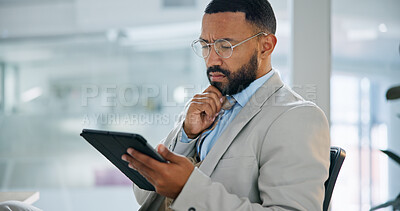 Buy stock photo Confused, businessman and thinking in office with tablet, finance mistake or error on audit report. Accountant, person and doubt in workplace with digital tech, glasses or wrong financial accounting.