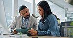 Business, people and talk in office with tablet, agenda or personal assistant update online calendar. Manager, executive secretary and discussion in workplace with tech, reading or planning schedule.