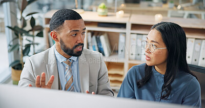 Buy stock photo Business, discussion and finance team in office with computer, partnership and explain budget report. People, conversation and desktop in company for financial planning, collaboration or productivity