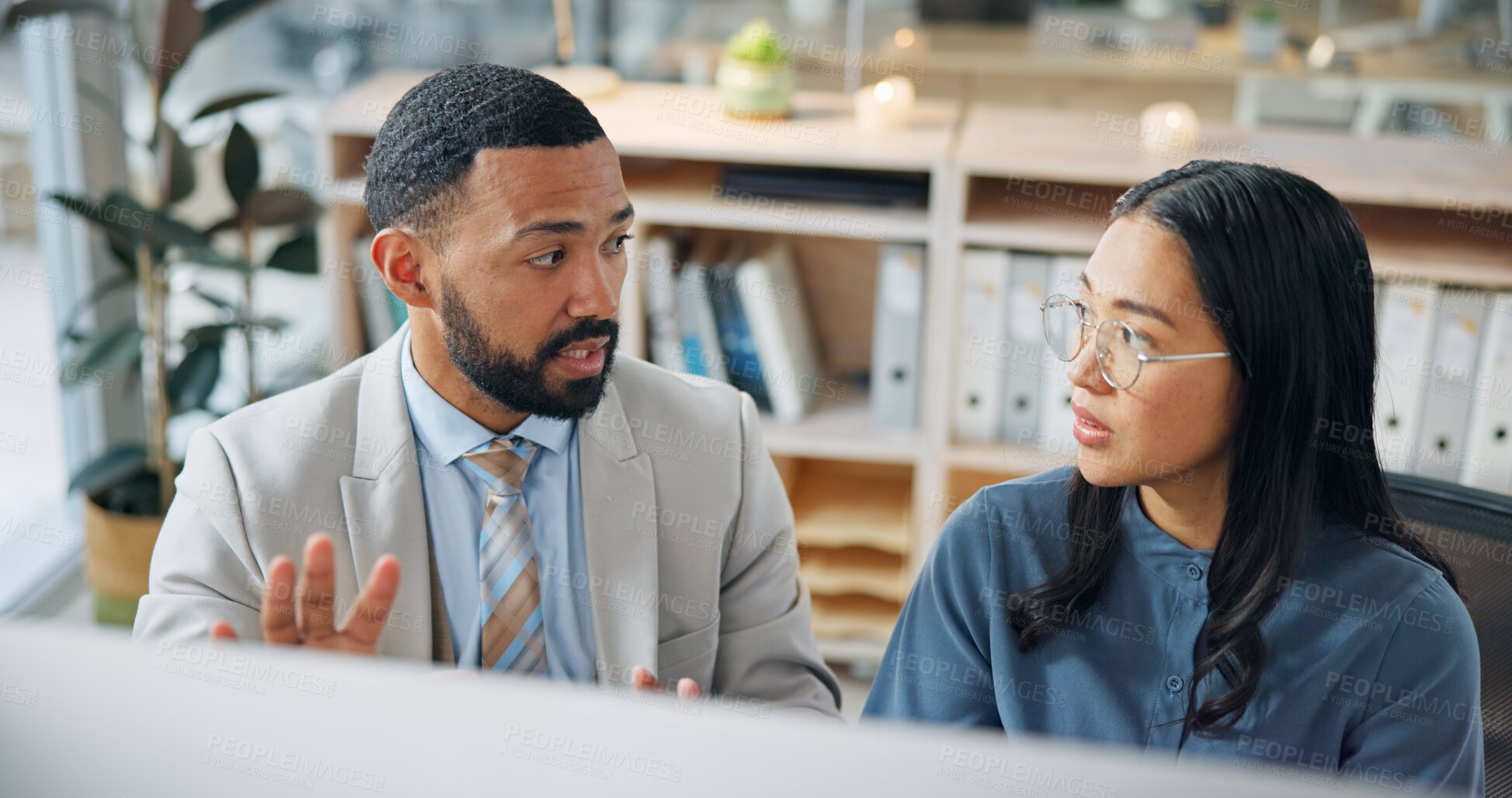 Buy stock photo Business, discussion and finance team in office with computer, partnership and explain budget report. People, conversation and desktop in company for financial planning, collaboration or productivity
