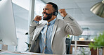 Excited, man and cheering in call center with computer, success and achievement of insurance sales. Happy, person and celebration in office with pc, telemarketing bonus or lead generation for policy.