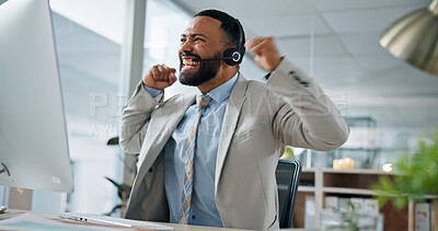 Buy stock photo Excited, man and cheering in call center with computer, success and achievement of insurance sales. Happy, person and celebration in office with pc, telemarketing bonus or lead generation for policy.