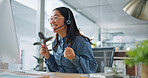 Telemarketing, woman and fist pump in office with computer, success or achievement of insurance sales. Happy, person and celebration in call center with desktop, goals and lead generation for policy.