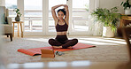 Yoga, woman and stretching with tablet in house for wellness tutorial, fitness guide or benefits. Tech, warm up and happy person on floor at home for pilates, health or exercise in online class