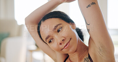 Buy stock photo Fitness, woman and stretching arms in home for training preparation, wellness or pilates practice. Warm up, exercise and happy person getting ready for workout, health and self care for vitality
