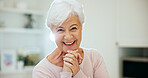 Smile, relax and portrait of senior woman in home with positive attitude, calm or chilling on weekend. Happy, pension and elderly person in retirement with morning break in living room at apartment.