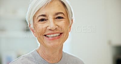 Buy stock photo Happy, calm and portrait of senior woman in home with positive attitude, relax or chilling on weekend. Smile, pension and elderly person in retirement with morning break in living room at apartment.