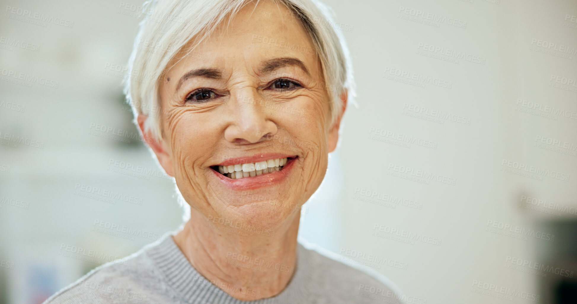 Buy stock photo Happy, calm and portrait of senior woman in home with positive attitude, relax or chilling on weekend. Smile, pension and elderly person in retirement with morning break in living room at apartment.