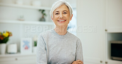 Buy stock photo Smile, calm and portrait of senior woman in home with positive attitude, relax or chilling on weekend. Happy, pension and elderly person in retirement with morning break in kitchen at apartment.