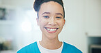 Portrait, woman and caregiver with smile in home for career pride, about us and medical services. Happy, female nurse and confident with ambition, healthcare support and assisted living in house