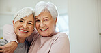 Hug, portrait and senior women in home for bonding, affection and connection for reunion. Space, retirement and elderly people with embrace, friendship and happy for relationship, support and love