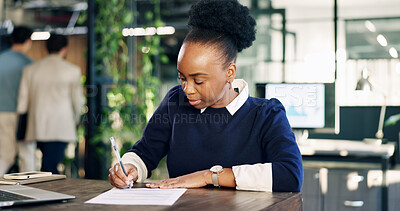 Buy stock photo Business, woman and writing in office with document, signature and legal form for finance funding. Person, agreement and paperwork in workplace for application, financial contract and investment deal