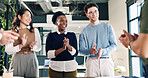 Team, laugh and applause for success in meeting, good news and celebration for financial development. Business, achievement and happy people with investment opportunity, clapping and collaboration