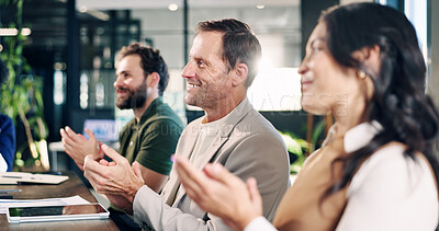 Buy stock photo Team, celebration and applause for success in meeting, good news and happy for financial development. Business, achievement and people with smile for investment opportunity, clapping or collaboration