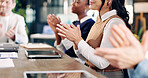 Team, hands and applause for success in office, good news and celebration for financial development. Business, achievement and happy people with investment opportunity, clapping and collaboration