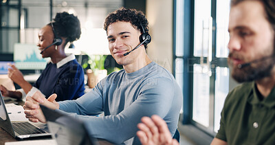 Buy stock photo Headset, portrait and call center consultant in office for crm, help desk or online consultation. Man, coworking and technical support agent in workplace with enquiry, contact us or customer service.