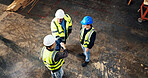 Above, engineer and handshake at construction site for development deal, agreement or cooperation. Team, architect and shaking hands with people for collaboration, safety approval and top view