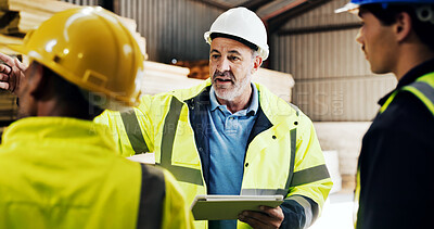 Buy stock photo Carpenter, discussion and men with tablet in workshop, teamwork or planning for furniture production. Woodworking, collaboration and mature person with technology, talking and manufacturing project