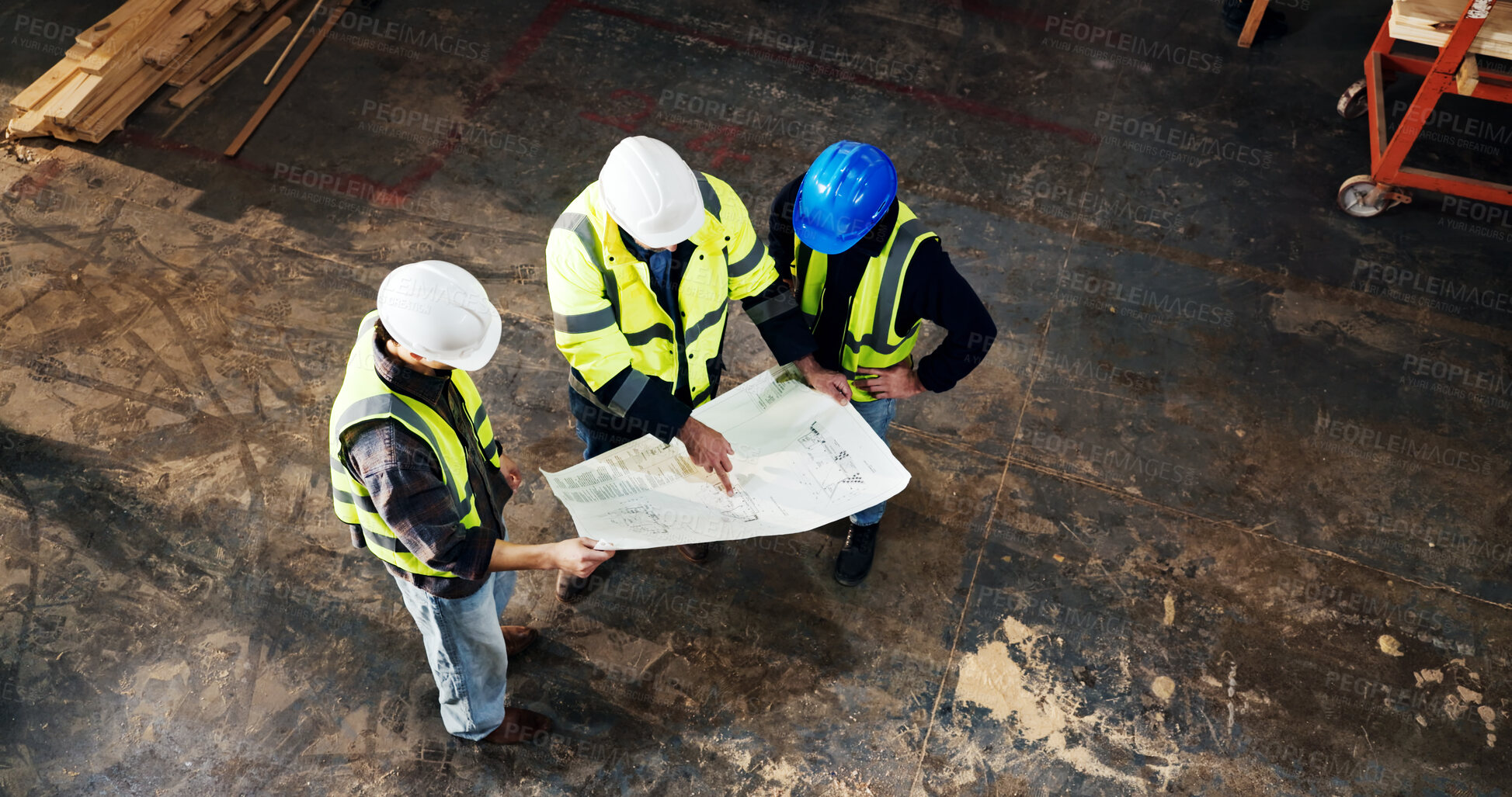 Buy stock photo Top view, architect and planning with blueprint at construction site, building development or layout. Engineer team, people and discussion with document for infrastructure design, review and above