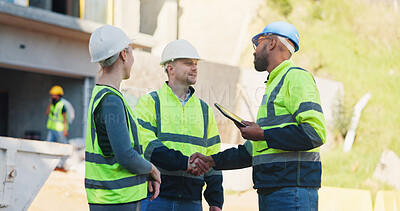 Buy stock photo Handshake, architect team and tablet on construction site for welcome, proposal or building collaboration. Engineering people, hello and inspector with tech for introduction to property development