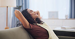 Woman, stretching and relax at house with smile, peace and calm morning for weekend break. Happy, female person and rest in home with eyes closed, comfortable and unwind in lounge for stress relief