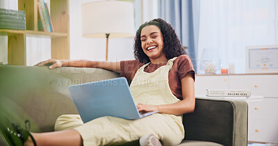 Buy stock photo Relax, girl and laugh with laptop on sofa for comedy movie, streaming subscription and weekend break. Happy, woman and tech in home for watching funny series, comic video and internet entertainment