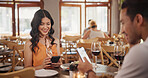 Phone, wine and couple in restaurant for date, connection or bonding with online menu for order. Happy, cellphone and man with woman on mobile app for choice on dinner, meal or supper in diner.