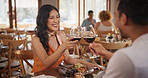 Couple, toast or woman in restaurant with red wine, loyalty and bonding in anniversary celebration. Honeymoon, happy and people with alcohol cheers, special moment and connection with romantic date.