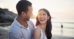Love, tender or couple at beach with smile, romantic moment or bonding together on summer holiday. Flare, space or people with security, partner connection or happy relationship on outdoor trip.