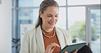 Tablet, happy and businesswoman in office with research, communication or email update on finance report. Smile, digital technology and financial manager with feedback on investment proposal.