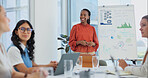 Presentation, chart and woman with team for meeting, feedback and brainstorming for sales review. Startup, office and people with statistics for marketing, profit increase and planning for campaign