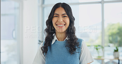 Buy stock photo Happy, professional and portrait of businesswoman in office with confidence for legal career. Corporate, smile and attorney with pride for law case, about us or job opportunity at workplace in Brazil