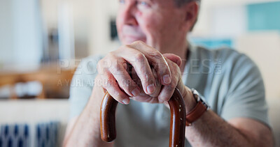 Buy stock photo Hands, cane and elderly man with thinking in retirement facility, mindfulness and balance aid with nostalgia. Person, pensioner and walking stick for mobility in old age, memory or past perspective