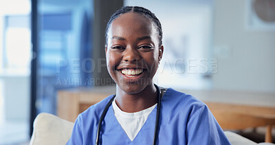Buy stock photo Black woman, portrait and happy with nurse for homecare, wellness and career pride with scrubs. Female person, smile and healthcare professional in assisted living facility, help and caregiver