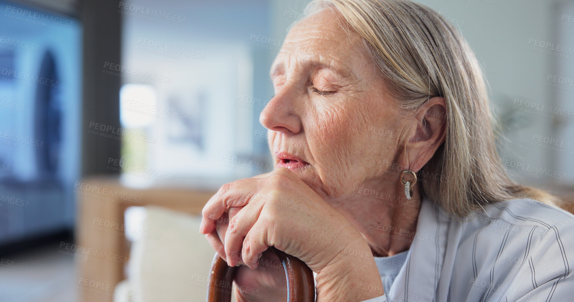 Buy stock photo Old woman, sleep or mindfulness with cane in retirement facility, mental health and eyes closed from fatigue. Person with disability, pensioner and walking stick with past perspective, tired or nap