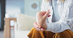 Hands, wrist pain and health of old person in home, injury or fracture with muscle tension. Pensioner, carpal tunnel or pressure with arthritis, joint ache or inflammation with chronic condition