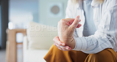 Buy stock photo Hands, wrist pain and health of old person in home, injury or fracture with muscle tension. Pensioner, carpal tunnel or pressure with arthritis, joint ache or inflammation with chronic condition
